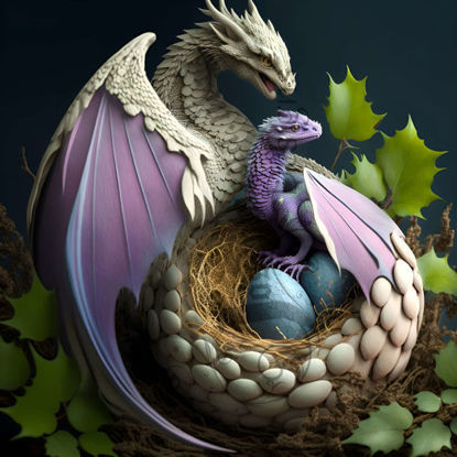 Afbeelding van een Diamondpainting set met een draak op het nest in paars tinten.