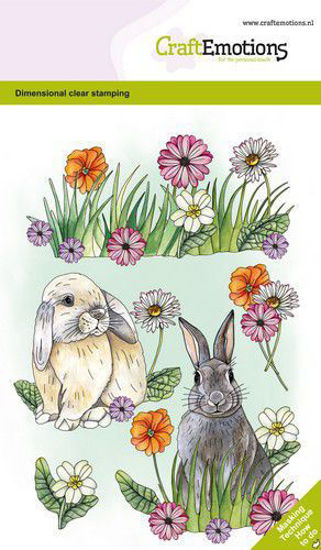 CraftEmotions Clearstamps A6 - Konijnen en bloemen GB Dimensional Stamp - 14 prachtige stempels van schattige konijntjes en mooie bloemen van hoge kwaliteit voor creatieve hobby's zoals scrapbooking en kaarten maken.