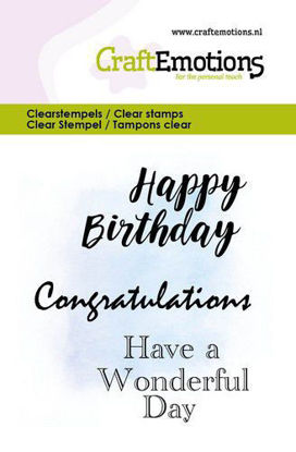 CraftEmotions clearstamps set met drie stempels, inclusief tekst Happy Birthday, perfect voor het personaliseren van wenskaarten en andere knutselprojecten.